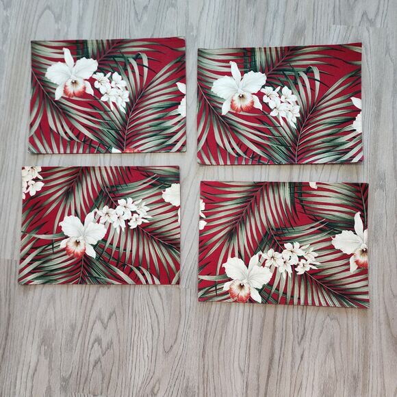 Hawaiian Upholstery Barkcloth Placemats Burgundy Ferns Orchids Plumeria & Napkin - Picture 3 of 8